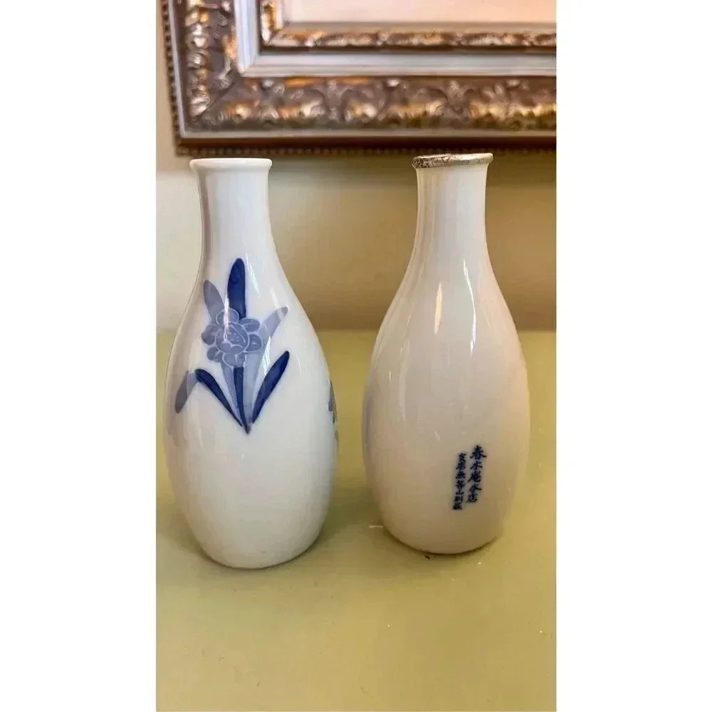 Lot of 2 Antique Japanese Floral‎ White Milk Vases 5x2 Decor Kitchen